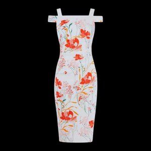 Karen Millen Women's Dress White Floral Royal Ascot Midi Cold Shoulder Dress!